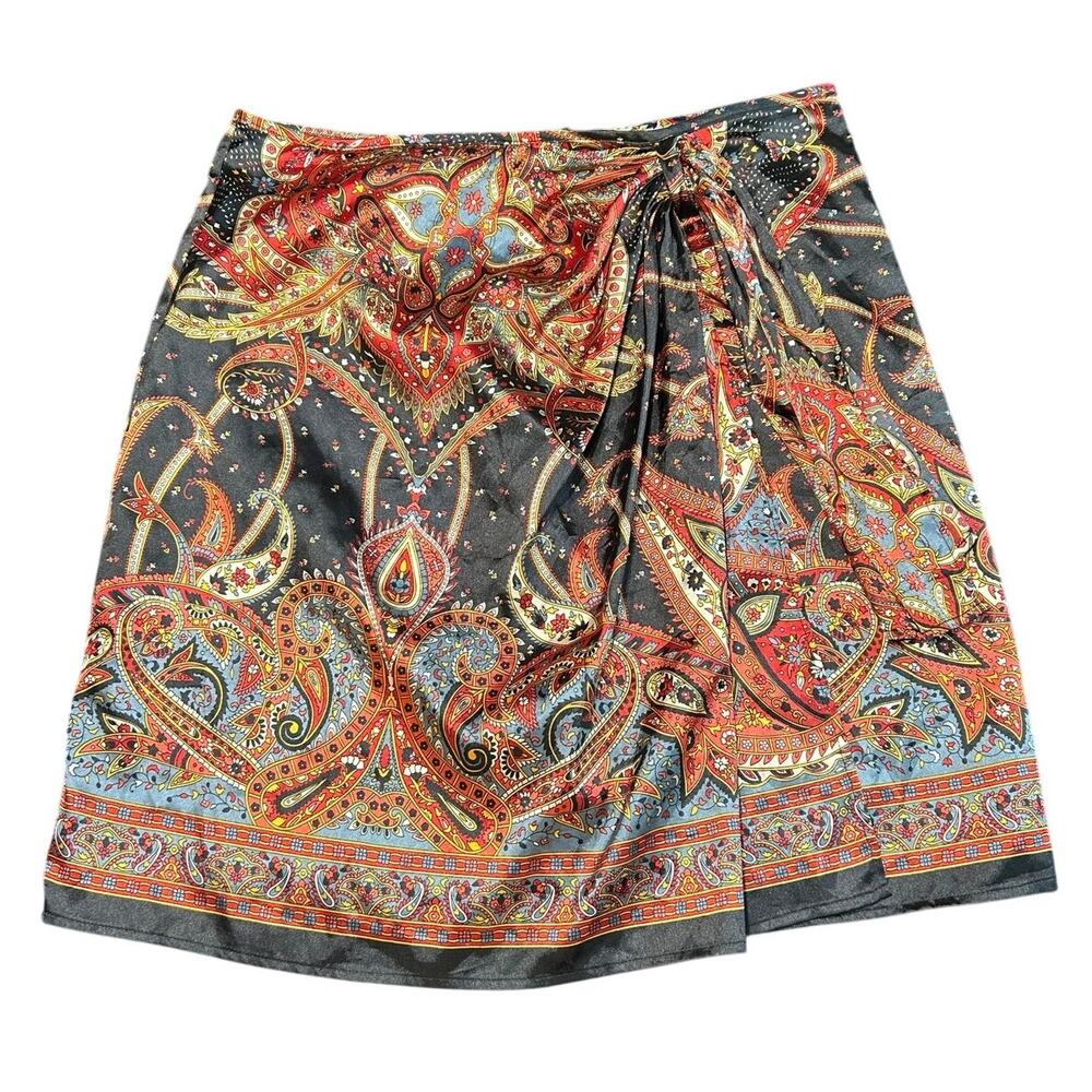 Silky Mini Skirt- Faux Wrap- Black Red- Abstract- Large Richie Tailor Paisley